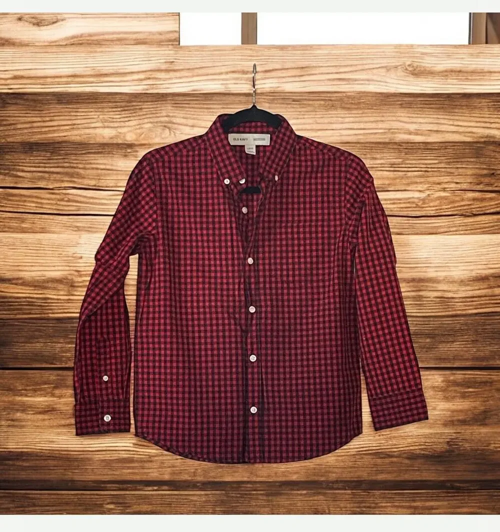 Holiday Old Navy Button Down Shirt Boys Large 10/12 Red Black Buffalo Plaid